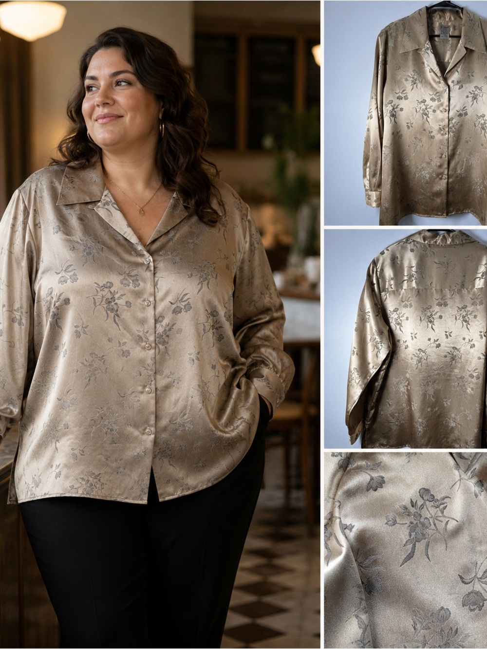 Liz Baker Woman Blouse 2X Champagne Gold Floral Satin Button Front Long Sleeve